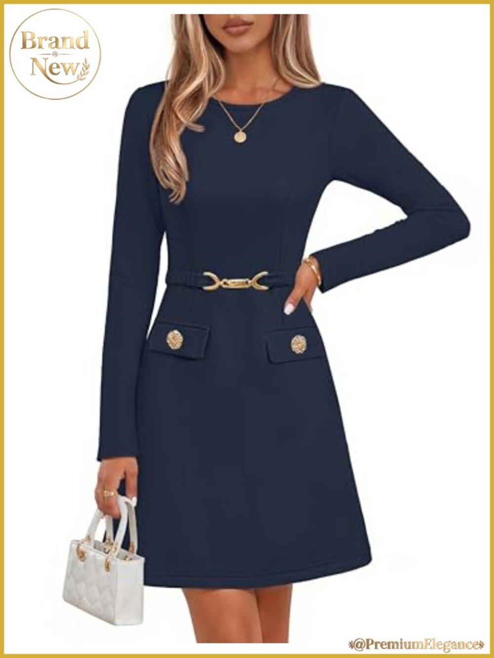 Women's Long Sleeve Mini Work Dress Business Casual A-Line Belted